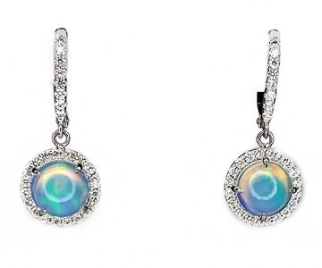 Opals surrounded by diamonds in a drop earring setting