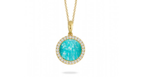 a yellow gold pendant necklace featuring round cut amazonite and a diamond halo